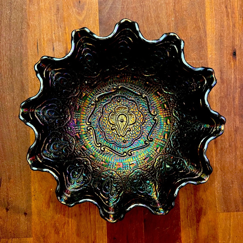 Fenton Iridescent Carnival Glass Black Ruffled Bowl
